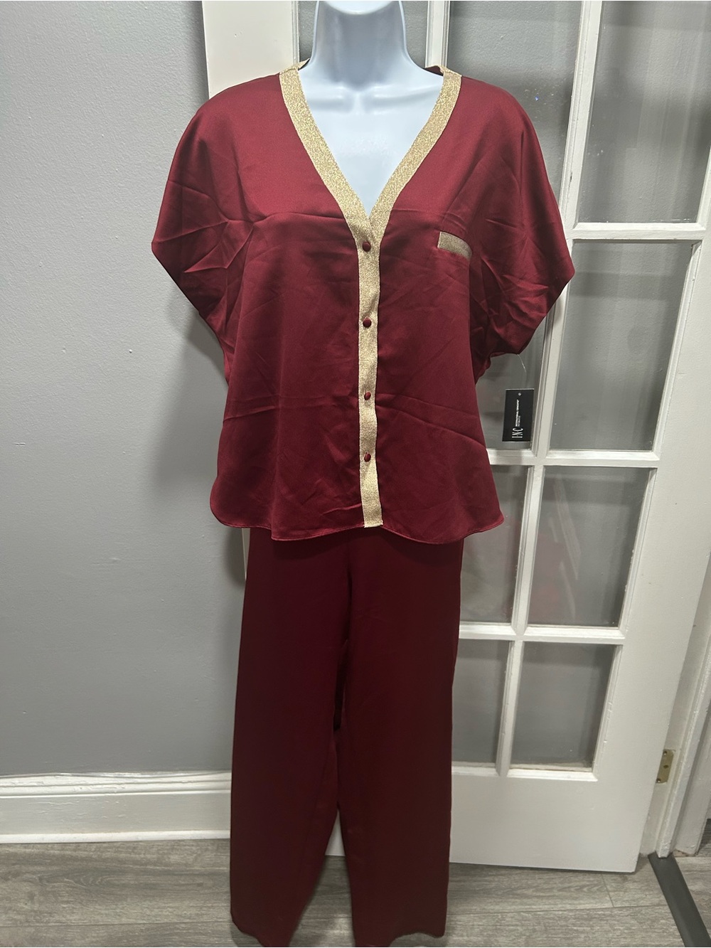Women's Burgundy Satin-Look Pajama Set with Gold Trim